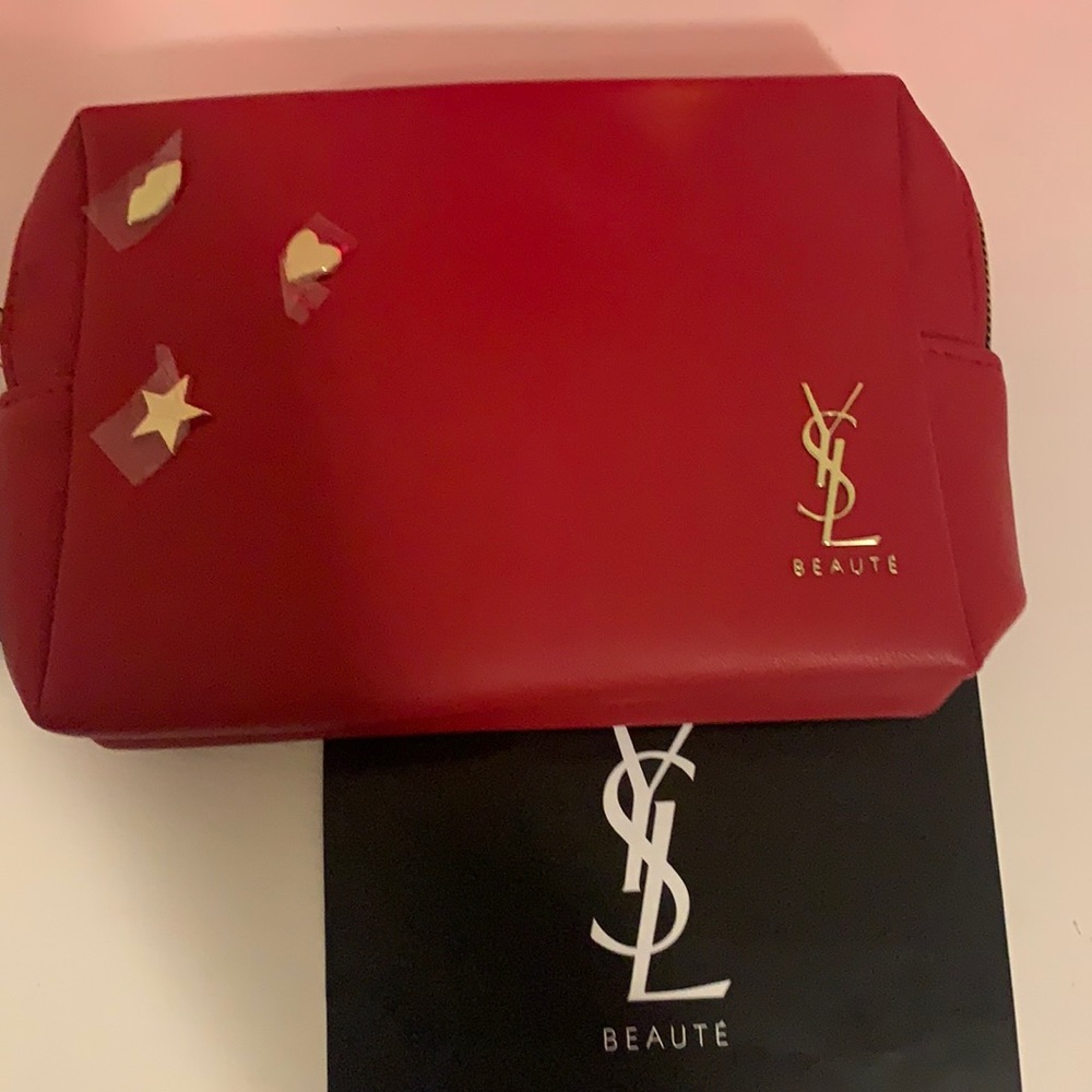 YSL Beaute Bundle Set includes YSL Red Small Pouch, And Travel size cosmetics.